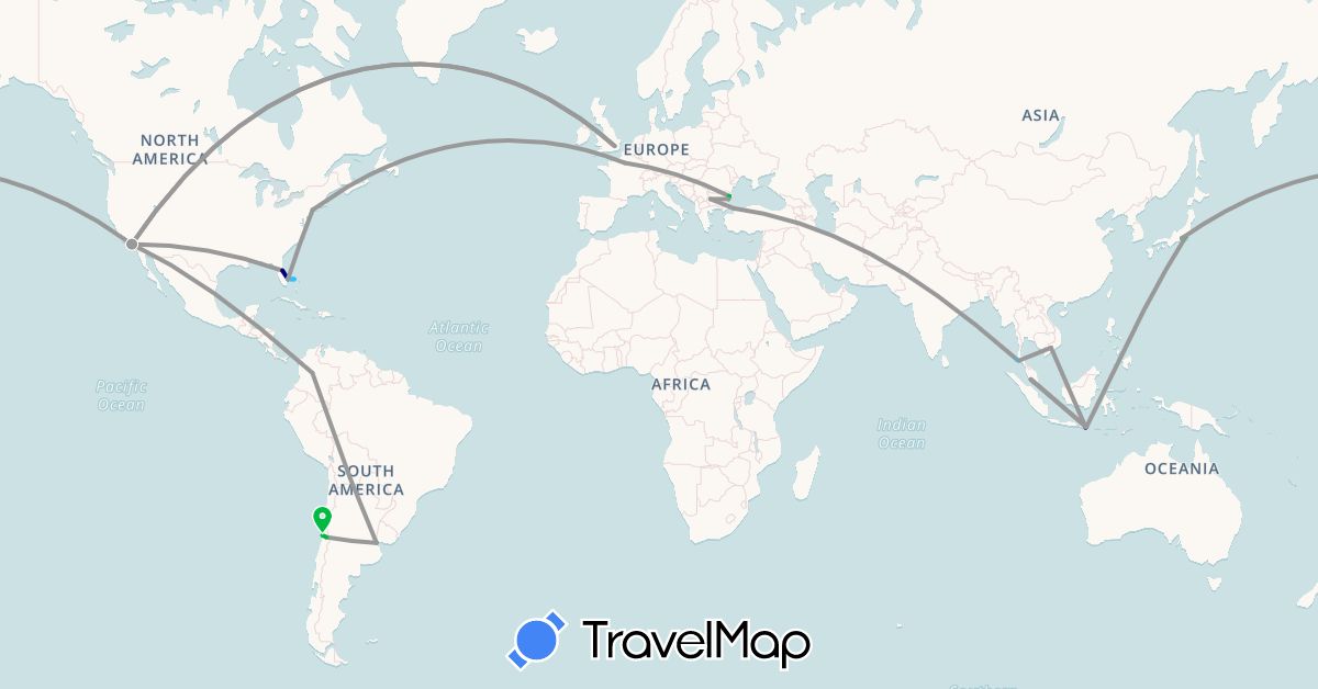 TravelMap itinerary: driving, bus, plane, boat in Argentina, Bulgaria, Bahamas, Chile, Colombia, France, United Kingdom, Indonesia, Japan, Malaysia, Thailand, Turkey, United States, Vietnam (Asia, Europe, North America, South America)