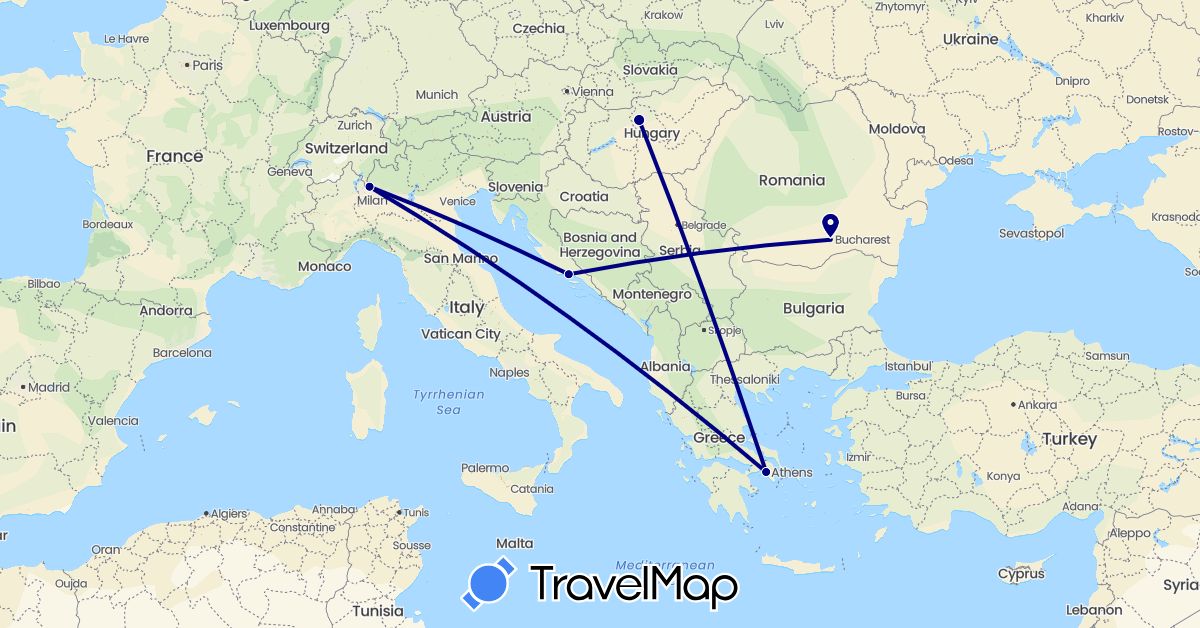 TravelMap itinerary: driving in Greece, Croatia, Hungary, Italy, Romania (Europe)
